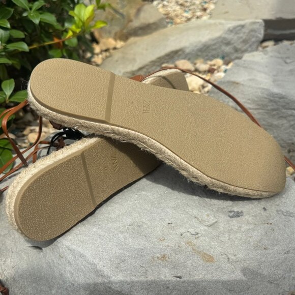 Zara Espadrille Brown Leather Tied Up Flat Sandals Women's Size 9 - Picture 8 of 9